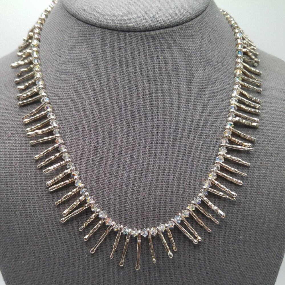 Artisan Crystal Bead Necklace with Silver Tube Beads on Wire, Handmade, 18 Inch